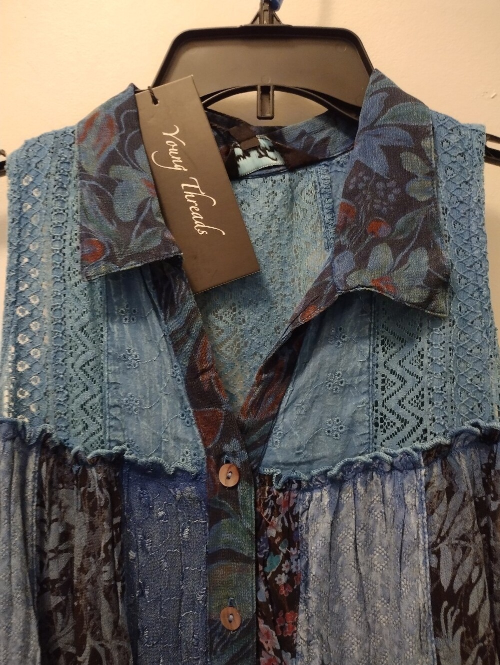 Sleeveless Blue Patchwork Button-Front Blouse by May Treats - Picture 2 of 5